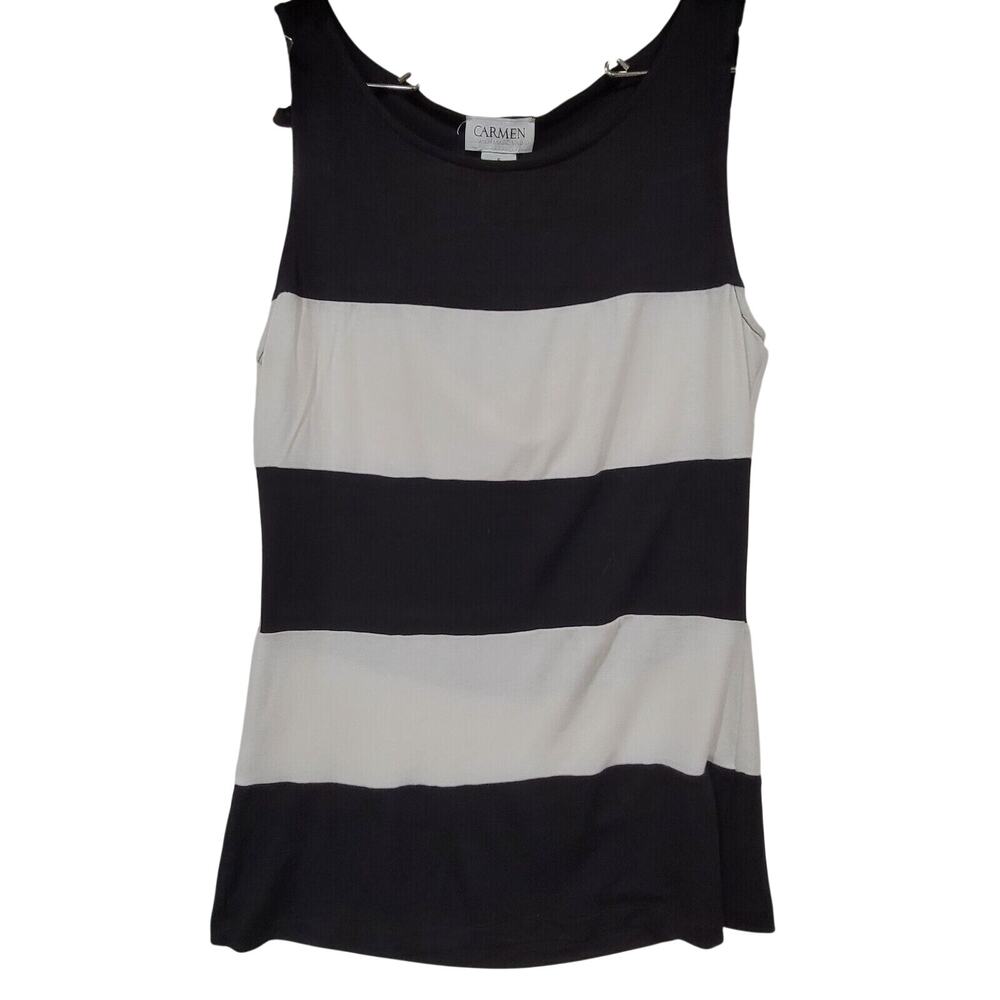 Carmen Marc Valvo Small Black White Striped Tank Top Cut Out Back Nautical Chic